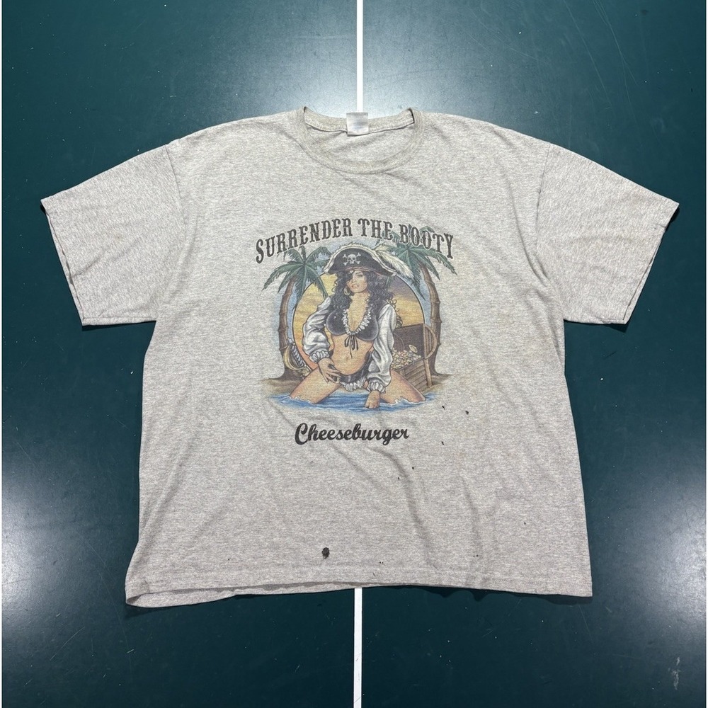 Vintage Cheeseburger Surrender The Booty T Shirt Men's XL Pirate Treasure Gray